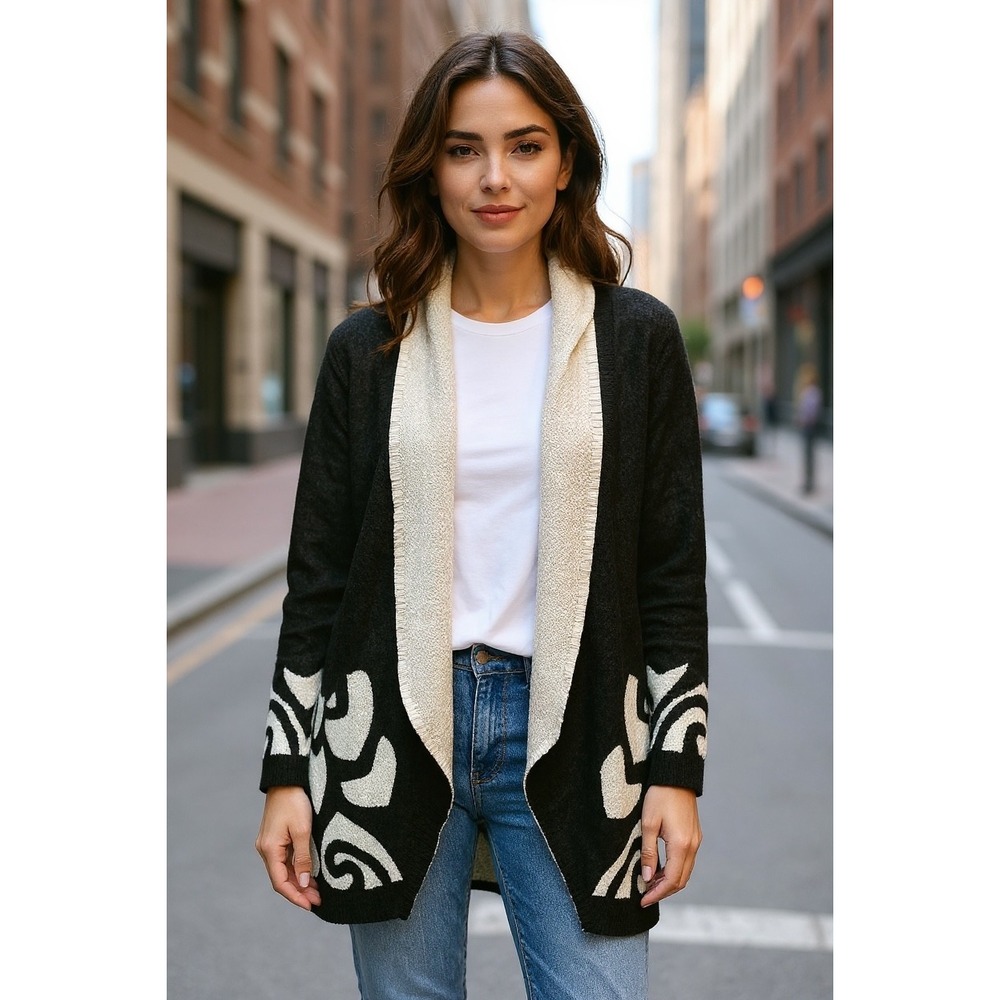 Crush Fashion‎ Duster Cardigan Black Beige Swirl Pattern One Size Fits Most